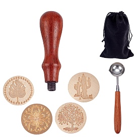 CRASPIRE DIY Scrapbook, Brass Wax Seal Stamp and Wood Handle Sets, with Stamp Head, Iron Wax Sticks Melting Spoon and Rectangle Velvet Pouches, The Leaves and Flowers