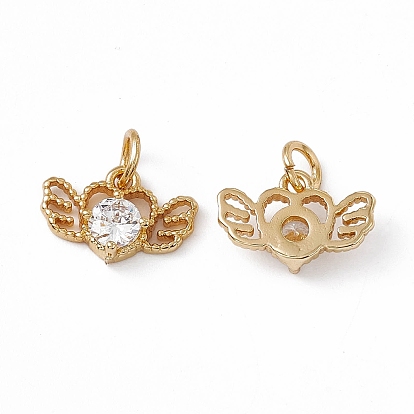 Rack Plating Brass Cubic Zirconia Charms, Heart with Wing Charm, with Jump Ring, Long-Lasting Plated, Real 18K Gold Plated, Lead Free & Cadmium Free