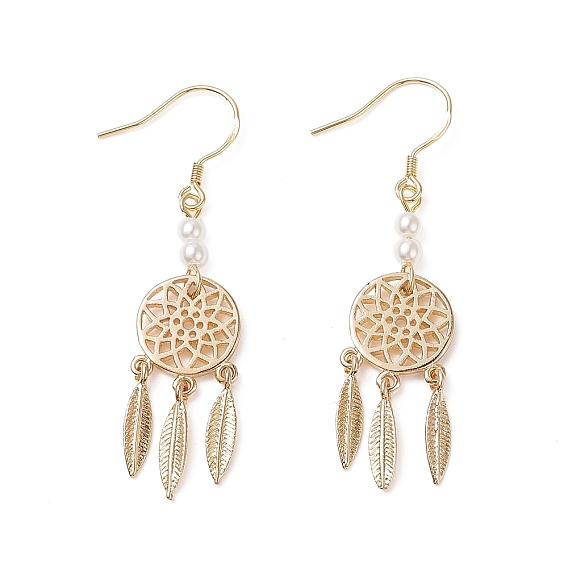 Brass Dangle Earrings for Women, with Plastic Beads and 925 Sterling Silver Pins, Woven Web/Net with Feather