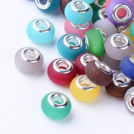 Resin Imitation Cat Eye European Beads, Large Hole Beads, Frosted Style, with Silver Color Plated Brass Cores, Rondelle