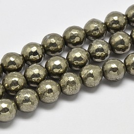 Natural Pyrite Round Beads Strands, Faceted(128 Facets), Grade A