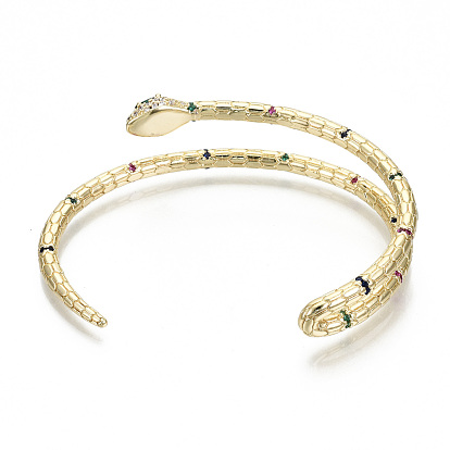 Brass Micro Pave Cubic Zirconia Cuff Bangles, Nickel Free, Snake, Colorful