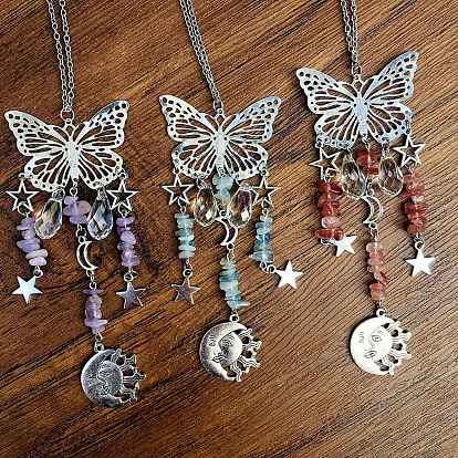 Teardrop Glass & Metal Butterfly Pendant Decorations, Hanging Suncatchers, with Natural & Synthetic Gemstone Chips, for Home Decoration, Moon/Star/Sun