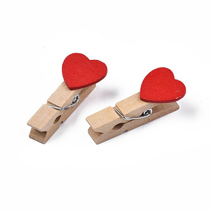 Wooden Craft Pegs Clips with Heart Beads, 35x7mm