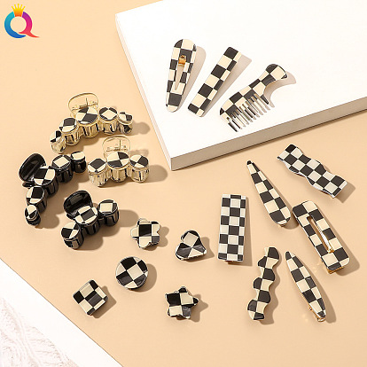 Retro Checkerboard Hair Clip for Side Bangs, Fashionable Acrylic Duckbill Hair Accessory with Chic Style and Personality.