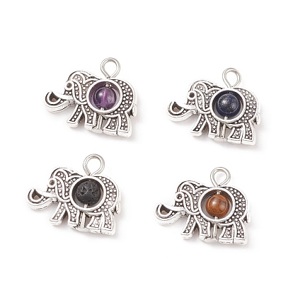 Natural Mixed Stone Pendants, Elephant Charm, with Antique Silver Tone Alloy Findings