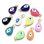 Real 16K Gold Plated Brass Enamel Pendants, with Jump Ring, Cadmium Free & Nickel Free & Lead Free, Teardrop with Evil Eye