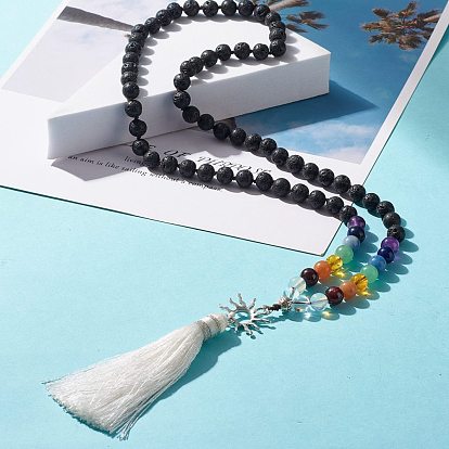 Sun and Tassel Big Pendant Buddhist Necklace, Natural Lava Rock & Mixed Gemstone Mala Beads Jewelry for Women
