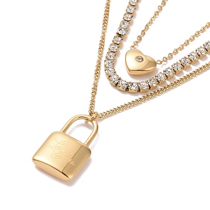 Crystal Rhinestone Heart & Word Love You Padlock Charms Triple Layer Necklace, Ion Plating(IP) 304 Stainless Steel Curb & Cup Chains Necklace for Women