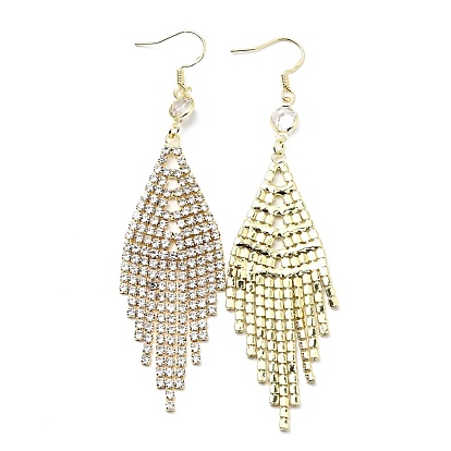 Crystal Rhinestone Rhombus Dangle Earrings, Brass Long Drop Earrings for Women