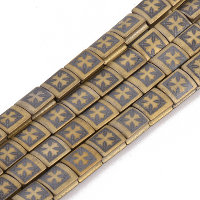 Electroplate Non-magnetic Synthetic Hematite Beads Strands, Matte Style, Rectangle with Cross