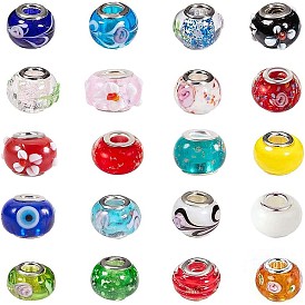 Handmade Lampwork Large Hole European Beads, with Silver Tone Brass Cores, Rondelle