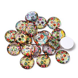 Half Round/Dome Sugar Skull Pattern Glass Flatback Cabochons for DIY Projects, For Mexico Holiday Day of the Dead