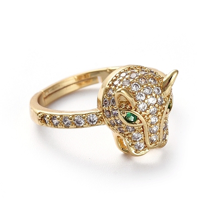 Adjustable Brass Finger Rings, with Micro Pave Cubic Zirconia, Leopard Head