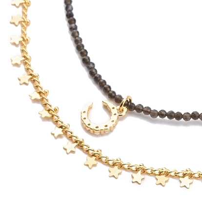 2 piezas 2 estilo 304 conjunto de collares colgantes de luna y estrella de acero inoxidable, collares de cuentas redondas de obsidiana natural con cadenas de latón para mujer