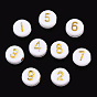 Plating Acrylic Beads, Golden Metal Enlaced, Flat Round with Number, White