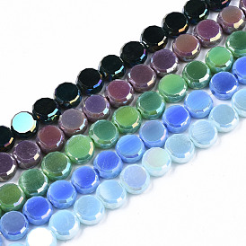 Electroplate Opaque Solid Color Glass Beads Strands, AB Color Plated, Faceted Flat Round