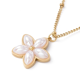 Plastic Pearl Flower Pendant Necklace with Satellite Chains, Ion Plating(IP) 304 Stainless Steel Jewelry for Women