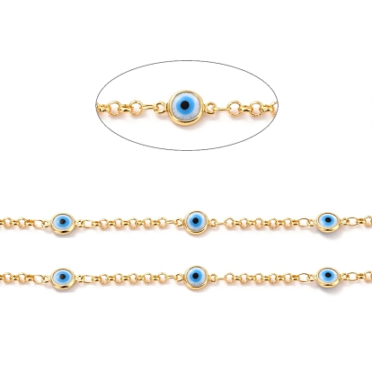 Handmade Brass Rolo Chains, with Enamel, Real 18K Gold Plated, Unwelded, Flat Round with Evil Eye, with Spool