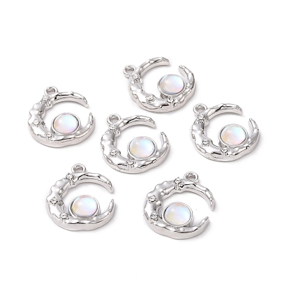 Alloy Micro Pave Clear Cubic Zirconia Pendants, with Resin Cabochons, Moon with Flat Round
