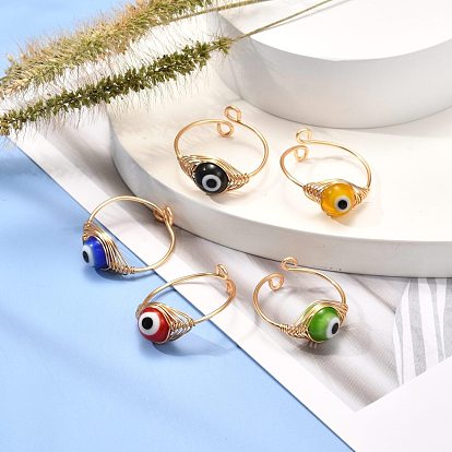 Copper Wire Wrapped Handmade Lampwork Adjustable Rings for Women or Men, Evil Eye Cuff Finger Rings, Real 18K Gold Plated