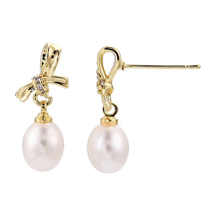 Natural Pearl & Cubic Zirconia Bowknot Dangle Stud Earrings, Brass Earrings with 925 Sterling Silver Pins, Cadmium Free & Nickel Free & Lead Free