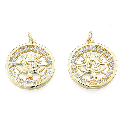Brass Micro Pave Clear Cubic Zirconia Pendants, with Brass Jump Rings, Nickel Free, Flat Round with Bird