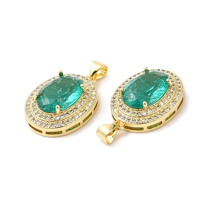 Real 16K Gold Plated Brass Micro Pave Cubic Zirconia Pendants, with Glass, Oval Charms