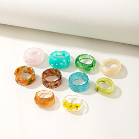 Retro Minimalist Resin Ring Set - Fashionable Colorful Joint Rings for Women