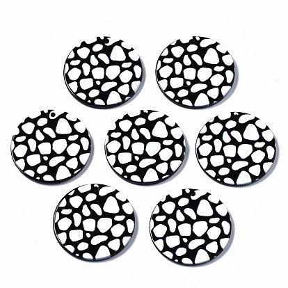 3 d pendentifs en acrylique imprimés, plat rond avec motif de point de vague, noir et blanc