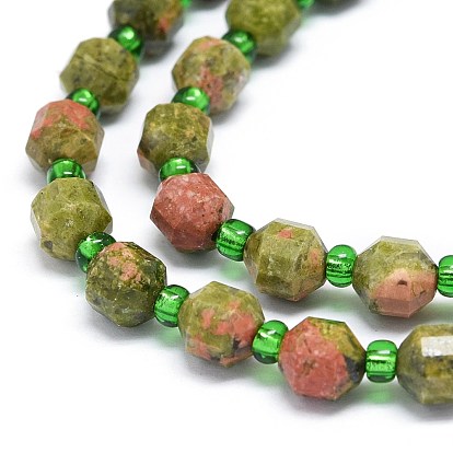 Natural Unakite Beads Strands, with Seed Beads, Faceted, Bicone, Double Terminated Point Prism Beads