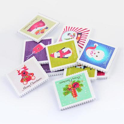 Holiday Buttons, Wooden Sewing Buttons, Christmas Theme, Rectangle, 2-Hole, Dyed, 30.8x33x2.3mm, Hole: 2mm