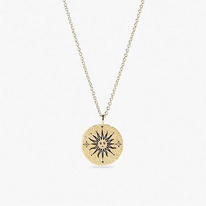 Sun/Star/Eye Pattern Titanium Steel Flat Round Pendant Necklaces, Rolo Chain Necklace for Women