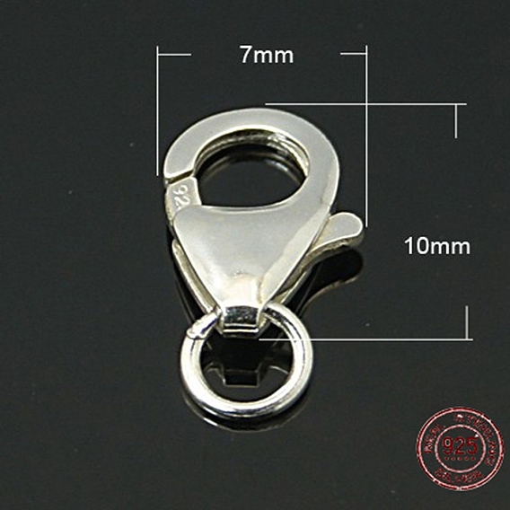 925 стерлингового серебра застежкой омар коготь, с прыжковых колец, 10x7x2.5 мм, отверстие : 3 мм