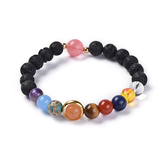 Universe Galaxy The Nine Planets Guardian Star, Natural Lava Rock and Natural Mixed Gemstone Beaded Stretch Bracelets, with Brass Findings
