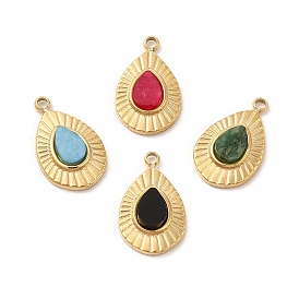 Natural Gemstone Teardrop Charms, with Vacuum Plating Real 18K Gold Plated 201 Stainless Steel Findings
