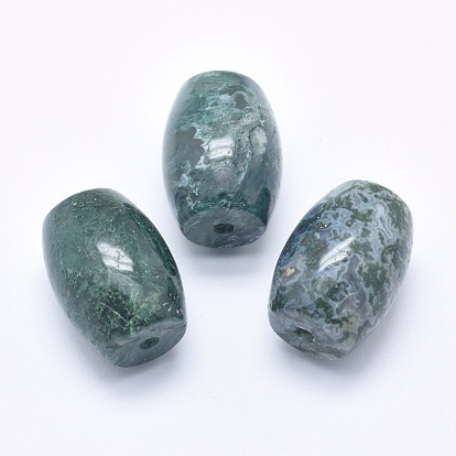 Natural Moss Agate Beads, Half Drilled(Holes on Both Sides), Barrel