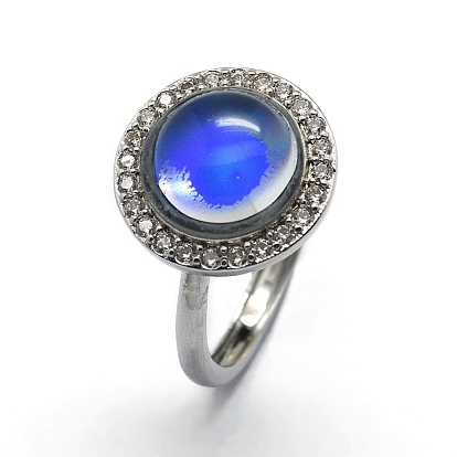 Micro cuivres ouvrent zircone cubique anneaux de manchette, anneaux ouverts, avec verre d'ambiance changeant de couleur, plat rond