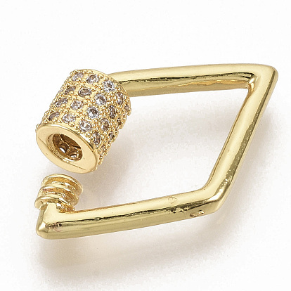 Brass Micro Pave Clear Cubic Zirconia Screw Carabiner Lock Charms, for Necklaces Making, Rhombus, Real 16K Gold Plated