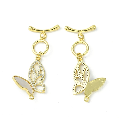 Rack Plating Brass Micro Pave Cubic Zirconia Toggle Clasps, with Shell, Long-Lasting Plated, Lead Free & Cadmium Free, Butterfly
