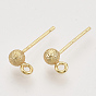 Brass Ball Stud Earring Findings, Nickel Free, with Loop, Real 18K Gold Plated, Textured