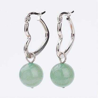 Natural Gemstone Dangle Hoop Earrings, with 304 Stainless Steel Earring Findings, Heart