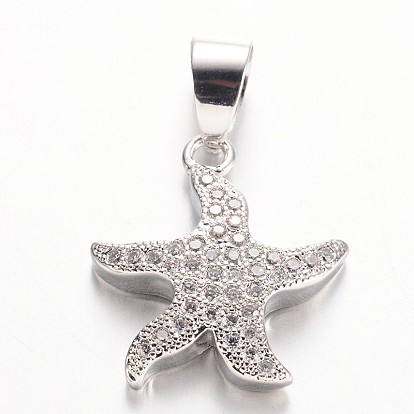 Starfish/Sea Stars Brass Cubic Zirconia Pendants, 18x16x3.5mm, Hole: 4x5.5mm