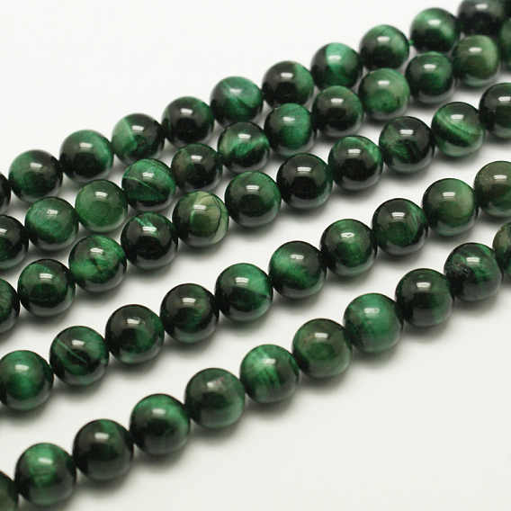 Natural Tiger Eye Beads Strands, Round, Dyed & Heated, Medium Sea Green