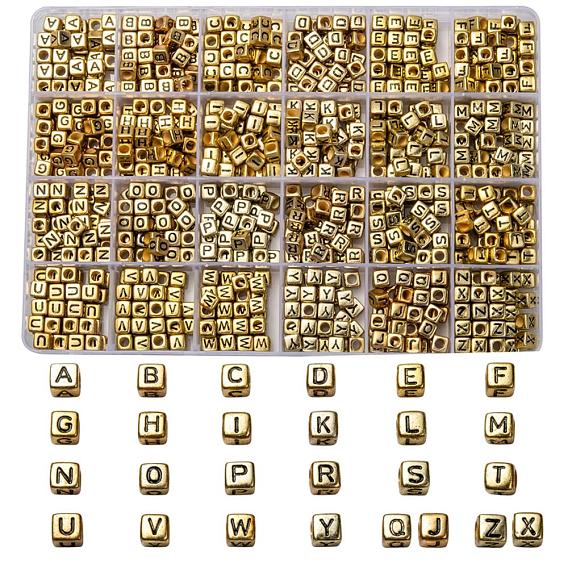 Акриловые бусины, горизонтальное отверстие, металлическое покрытие, куб с письмом