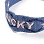Word Lucky Polycotton(Polyester Cotton) Braided Bracelet with Tassel Charm, Flat Adjustable Wide Wristband for Couple