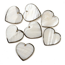 Natural Freshwater Shell Pendants, Heart Charms with Light Gold Plated Brass Edge