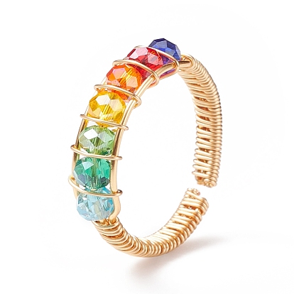 Colorful Glass Braided Bead Open Cuff Ring, Brass Wire Wrap Jewelry for Women