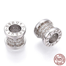 925 Sterling Silver Micro Pave Cubic Zirconia Beads, Column with Word Beauty, Nickel Free