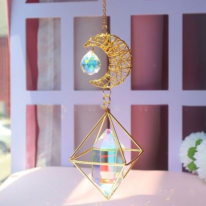Moon Iron Hollow Big Pendant Decorations, K9 Crystal Glass Hanging Sun Catchers, with Brass Findings, for Garden, Wedding, Lighting Ornament